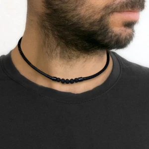 Punk Men Lava Stone Necklace Choker Collar Braided Leather Rope Hobo Statement - Picture 1 of 10