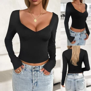 Women Sexy Slim Fit V-Neck Crop Tops Long Sleeve Ladies Solid T Shirt Blouse US - Picture 1 of 16
