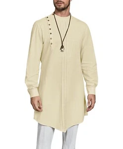 Mens Kaftan Thobe Long Sleeve Robe Gown Casual Cotton Linen Button Muslim Shirt - Picture 1 of 6
