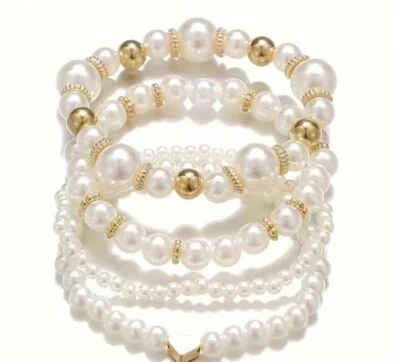 4pc Faux  White/Pearls And Golden Specer Beaded Stackable elastic Bracelets  - Image 1 of 4
