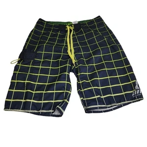 Amp Energy Black & Neon Green Plaid Water Swim Trunks Board Shorts Men's Size 34 - Picture 1 of 10