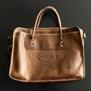 ORVIS Brown Saddle Leather Luggage Briefcase Travel Laptop Duffle Bag Messenger - Picture 1 of 14