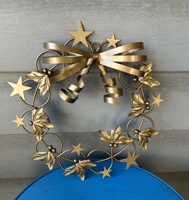 Gold Tone Holly Stars Bow Metal Christmas Holiday Wreath Wall Decor Retro 9” - Image 1 of 4