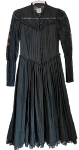 Prue Acton Vintage 60s 70s Size 12 Black Silk & Lace Midi Dress Victorian Gothic - Picture 1 of 13