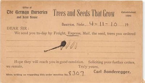 Postal J59/Beatrice Nebraska c1910 Carl Sondergger Nursury Seeds 198 - Imagen 1 de 4