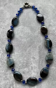 Blue Black Brown Fire Agate And Crystals Necklace - Picture 1 of 8
