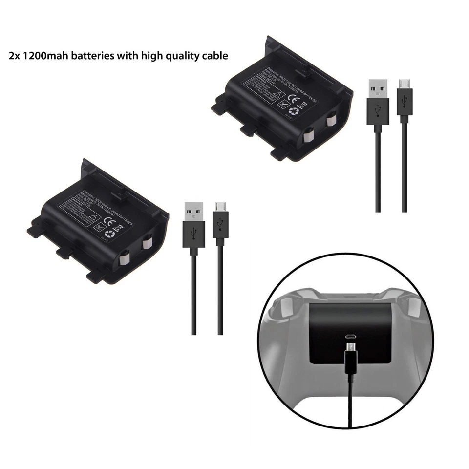 2x Play and Charge Kit 1200mah Rechargeable Battery for Xbox One 1yr