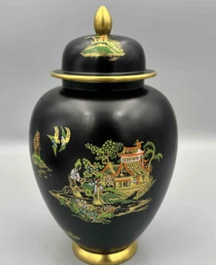 Carlton Ware Mikado Pattern Black with Gold and Coloured Design Lidded Jar. - Picture 1 of 5