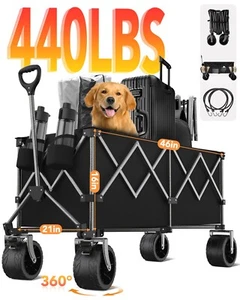 Collapsible Wagon 440LBS Heavy Duty Wagon Carts Foldable w/ Side Pocket & Brakes - Picture 1 of 8