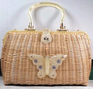 Vtg Purse 1950/60s Wicker Lucite Butterfly British Colony of Hong Kong Hand Made - Picture 1 of 24