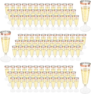 100 Pack Plastic Champagne Flutes, 5Oz Disposable Champagne Glasses Rose Gold Ri - Picture 1 of 7