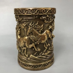 Chinese Copper bronze Handmade Carved Eight horses statues Exquisite brush pot - Picture 1 of 8