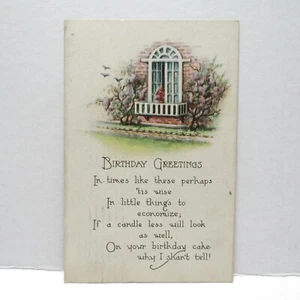 Postcard Vtg Postmarked 1921 BIrthday Greetings Window Birds Flowers Celebrate - Picture 1 of 2