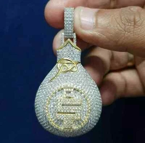 14K Yellow Gold Plated Silver 3 CT Round Cut Real Moissanite Money Bag Pendant - Picture 1 of 8