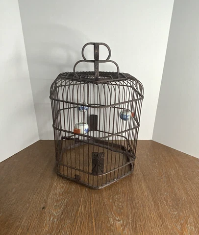 Vintage Asian Carved Bamboo Hanging Bird Cage Ceramic Cups Dragon Perch Cover