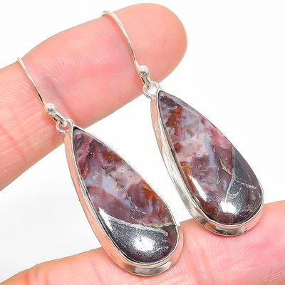 Brinco de prata esterlina 925 pedra preciosa jaspe porcelana natural 2,09" O758 - Imagem 1 de 4