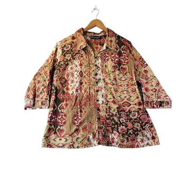 Camisa boho de algodón estampado abstracto con botones delanteros 2X estilo Susan Graver para mujer Foto 1 de 4