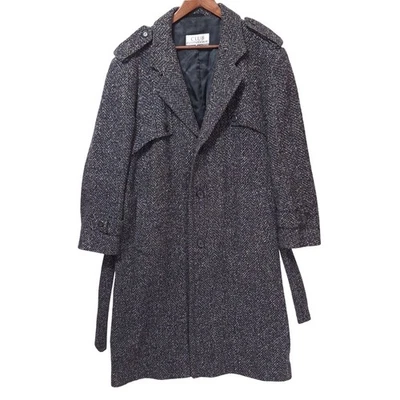 De Colección CLUB INTERNATIONAL Trench de Lana Espiga 46" Abrigo con Cinturón Hombres XL Preppy Foto 1 de 4