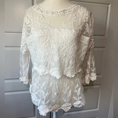 New Look Lace Overlay Top Crochet Trim Sheer Bohemian Blouse Large - Image 1 of 4