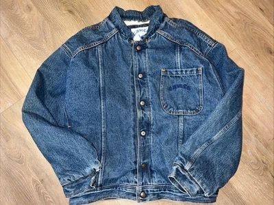 复古骆驼香烟牛仔夹克蓝色夏尔巴内衬西部卡车司机外套 L — 第 1/4 张图片