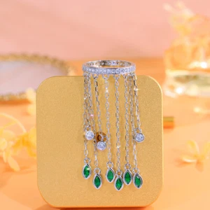 Top Silver Plated CZ Chain Link Tassel Marquise Leaf Charm Engagement Band Ring - Foto 1 di 13