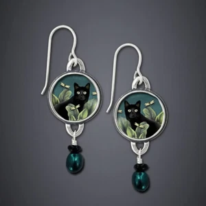 Bellos Pendientes Vintage Redondos Con Gato Negro, Estilo Étnico, Pintado - Imagen 1 de 5