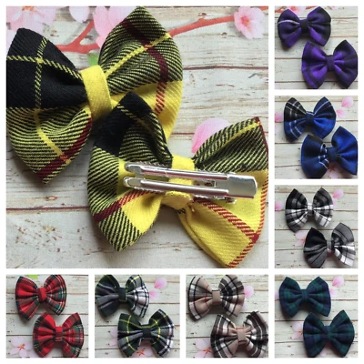 GLAMOUR GIRL ACCESSORIES PACK 2 MINI TARTAN CHECK FABRIC 5cm BOW HAIR CLIP SLIDE METAL GRIP GIRL SCHOOL