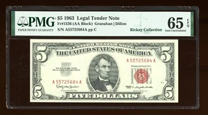 DBR 1963 $5 Legal Gem Fr. 1536 PMG 65 EPQ Serial A55725684A - Picture 1 of 2
