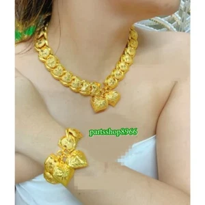 Thai Gold plated 24k Solid Yellow Chain Pendant Set Necklace Bracelet Jewelry - Picture 1 of 9