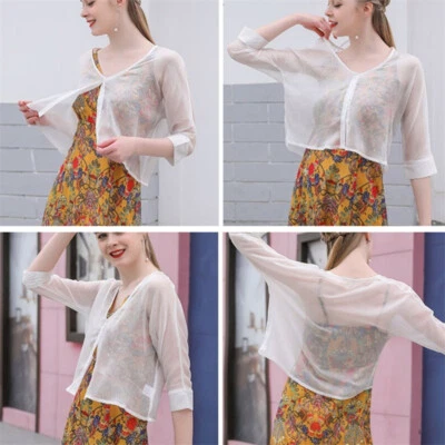 Trasparente Donna Chiffon Cardigan Giacca Corta Camicia Scialle Sole Estiva Da - Immagine 1 di 4