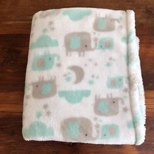 Chick Pea Baby Blanket Elephants Moon Stars Clouds Aqua Grey White Fleece Lovey - Picture 1 of 5