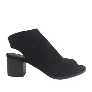 Ladies No Shoes Short Micro Suede Peep Toe High Cut Zip Stack Heel Size 8 Black - Picture 1 of 2
