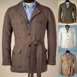 Chaqueta de safari de lino para hombre de verano con cinturón al aire libre vintage graduación informal abrigo de caza - Imagen 1 de 13