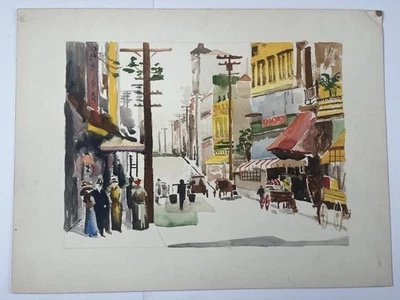 Vintage Watercolor Street Scene Chinatown Horse Carts 1930s City Art 15x20” - Image 1 of 4
