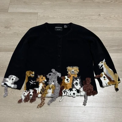 Michael Simon Cardigan Sweater Black Multi Dogs Embroidered Cotton Women’s S - Image 1 of 3