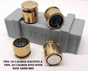 2 Brass Push Pins & 2 Magnets Made with Recycled Casing of 50 Cal & Ammo Box - Picture 1 of 13