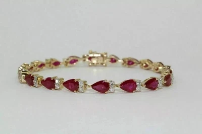 5.00Ct Pear Cut Lab Created Ruby Women's Tennis Bracelet 14K Yellow Gold Plated - Image 1 of 4