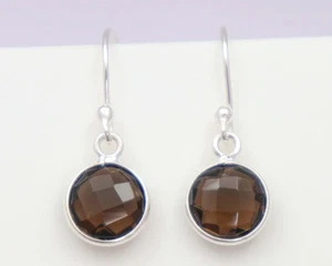 Pendientes de cuarzo ahumado de plata de ley 925 facetados redondos joyas hechas a mano - Imagen 1 de 12