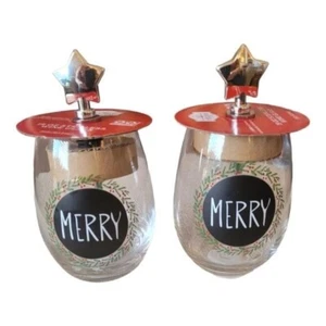 Holiday Time 19oz. Stemless Wine Glasses Set "Merry" Christmas/ Wine Stoppers - Picture 1 of 2