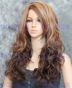 Long Loose Wavy Curls Heat OK Human Hair Blend Wig Light Brown/Blonde Ombre EVAM - Picture 1 of 6