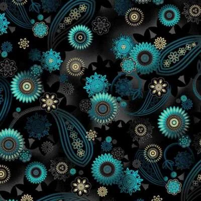 Michael Miller - Magnificent Peacock - Dancing Paisley - Black, Fabric BTY - Image 1 of 4