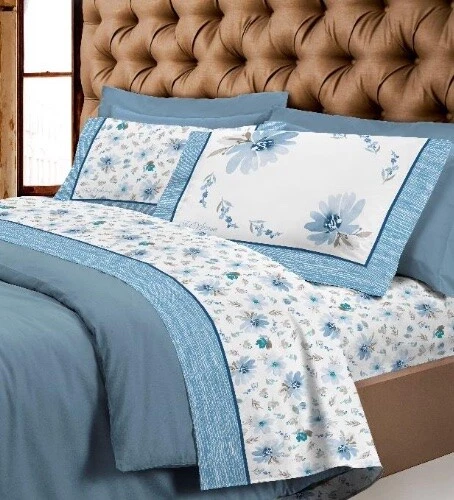 COMPLETO LENZUOLA FLANELLA SUPER EUROPA MARGHERITA FIORI BLU MADE ITALY - Immagine 1 di 1