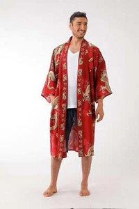 Kimono Yukata Corto Giapponese Uomo Drago e Mt. Accappatoio Fuji Cotone Cotone Made in Ja - Foto 1 di 13