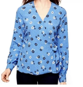 Talbots Blue Wave Daisy Dot Print Floral Wrap Top Blouse Women's Size 2XP - Picture 1 of 8