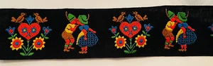 4 Yards Indanthren Black Jacquard Embroidered Trim Hearts Kissing Dutch - Picture 1 of 4