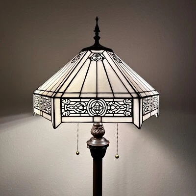 Tiffany Floor Lamp White Stained Glass Hexagon Metal Base LED Bulbs 64”H16"W16"D - Image 1 of 4