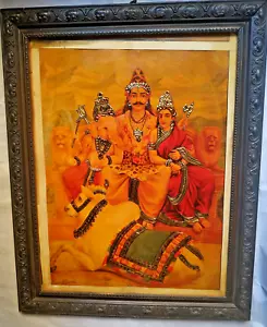 ANTIKER INDISCHER OLEOGRAPH DRUCK VON RAJA RAVI VARMA TEXTIL JARI ARBEIT SHIVA GANESH - Bild 1 von 12
