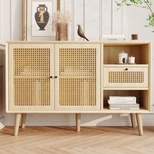 Modern Woven Rattan Sideboard Cabinet Light Wood Nordic Storage Unit - Picture 1 of 11