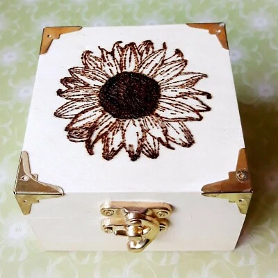 Sunflower Personalised Wooden Square Trinket Box. Pyrography.  - Image 1 of 4