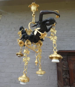 Stunning french Vintage Bronze putti porcelain plaque Chandelier lamp nymph - Picture 1 of 15